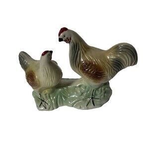 VTG Rooster & Hen Figurine Iridescent Glaze Made in Brazil 8.5” x 7” Ceramic